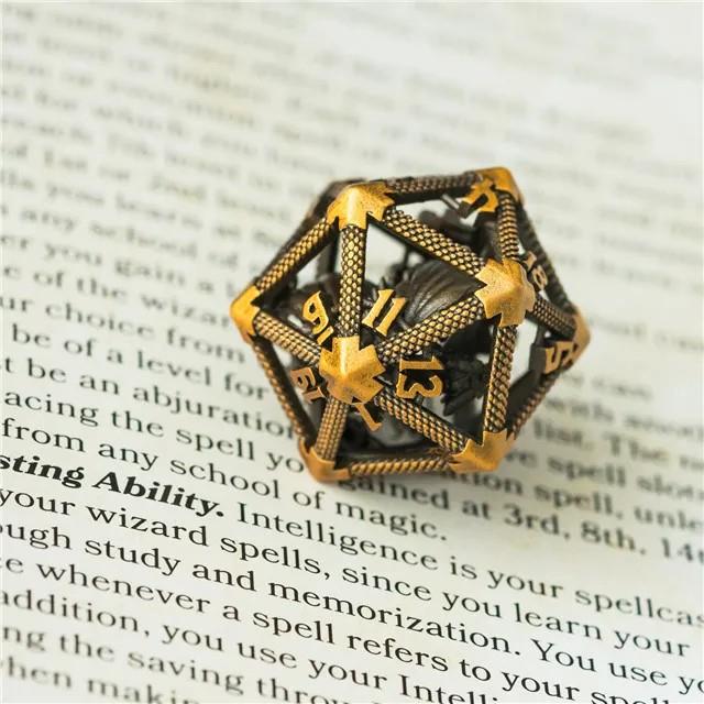 Dragon in Washed Gold Metal - Hollow D20 RPG Dice