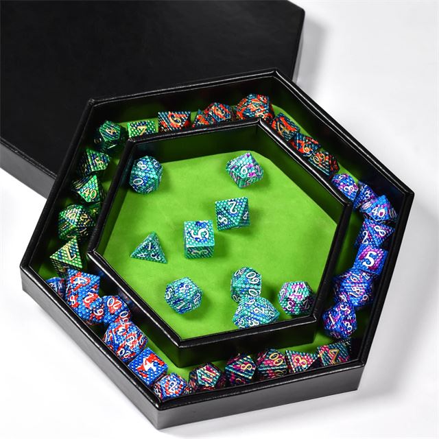 Green Velvet & Black PU Leather - Hexagon Lid Dice Tray