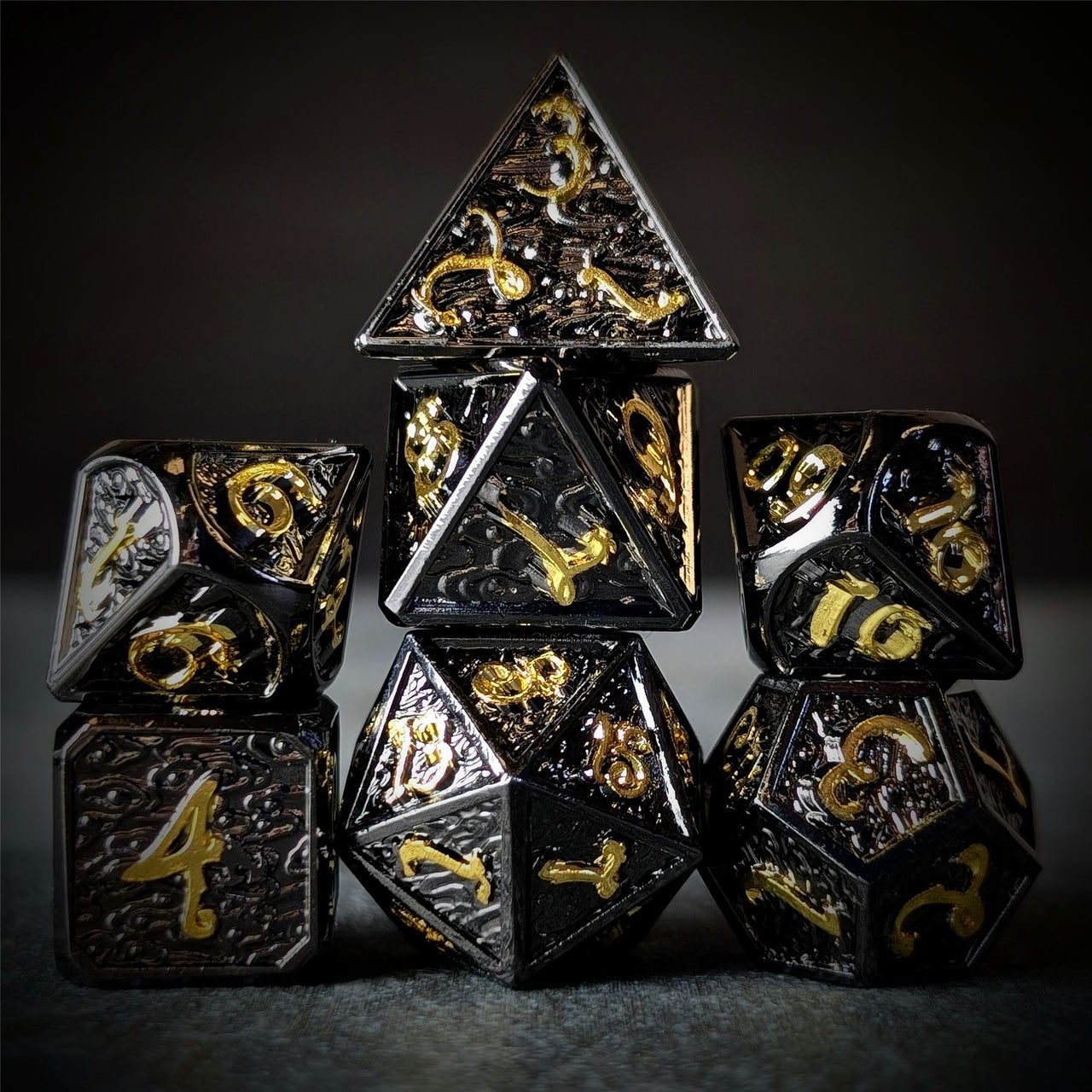 Black Metal with Gold Dragon Font - 7pcs RPG Dice Set