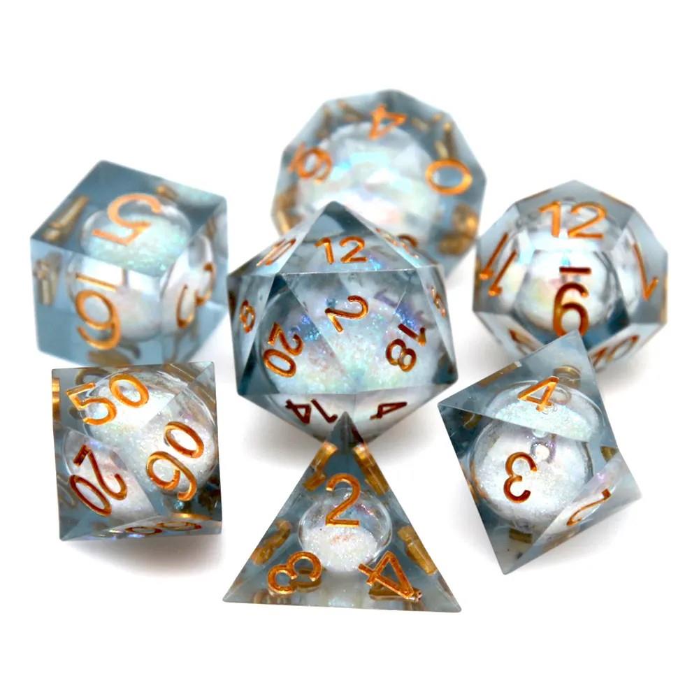 White Sand in Clear Liquid Filled Sharp Resin - 7pcs RPG Dice Set