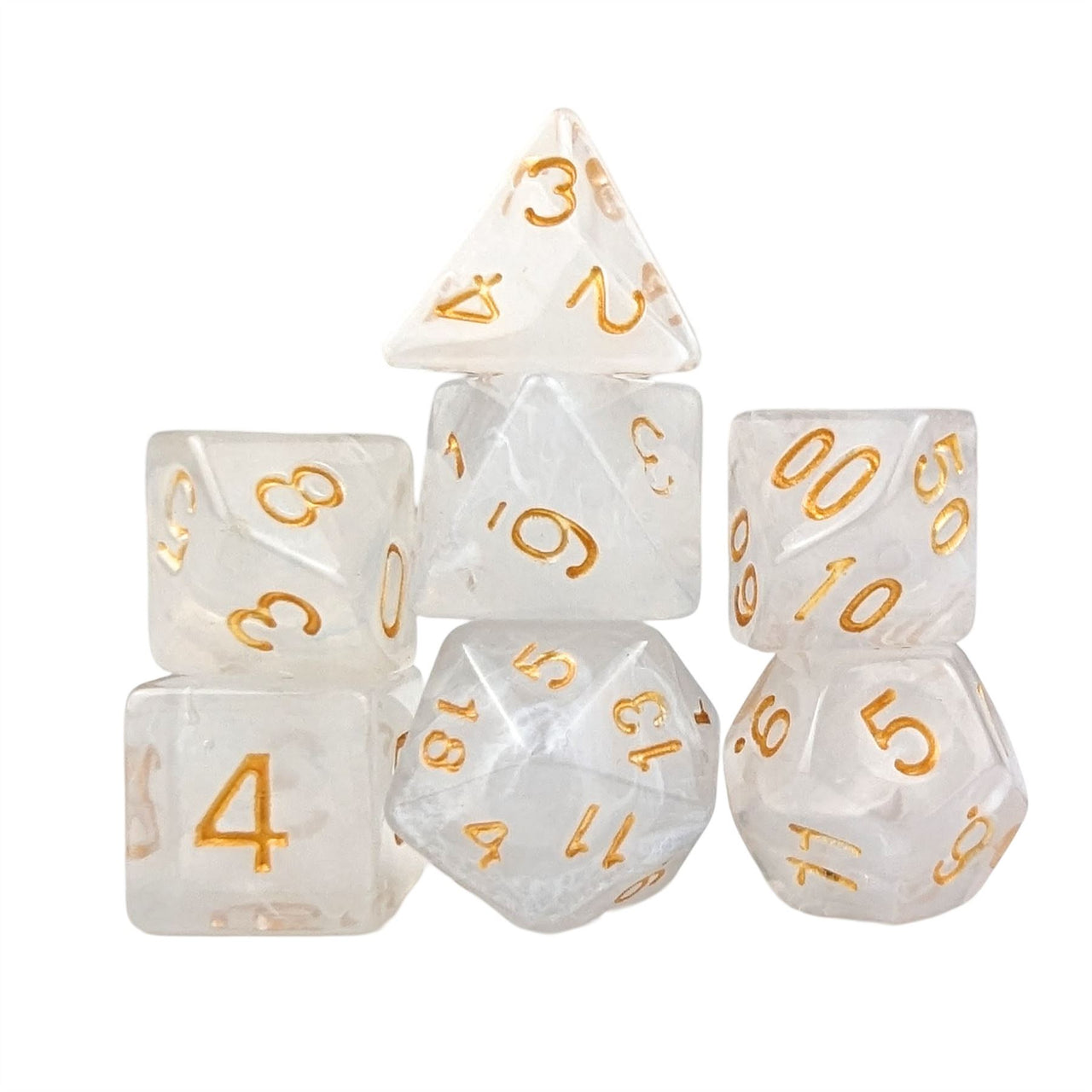 White Silk Acrylic - 7pcs RPG Full Dice Set White Stack