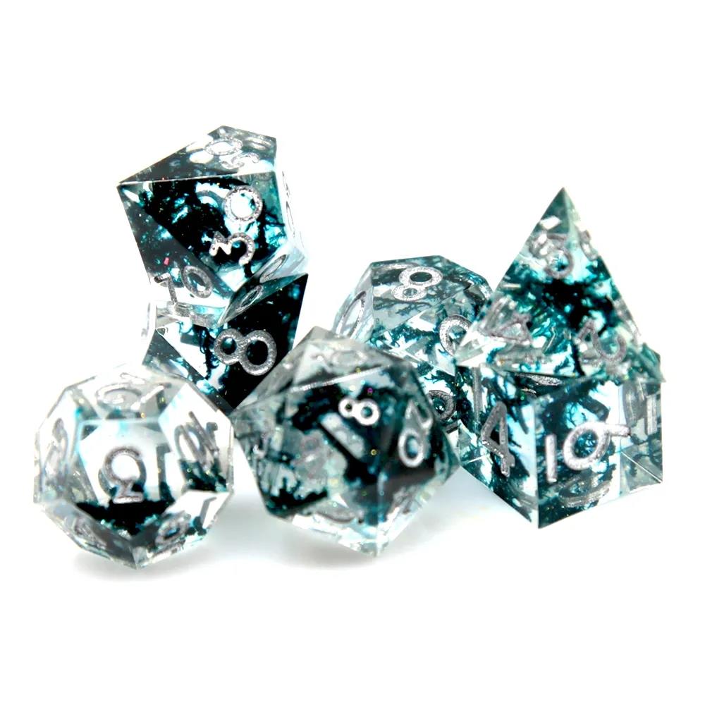 Black Swirl in Teal & Clear Sharp Resin - 7pcs RPG Dice Set