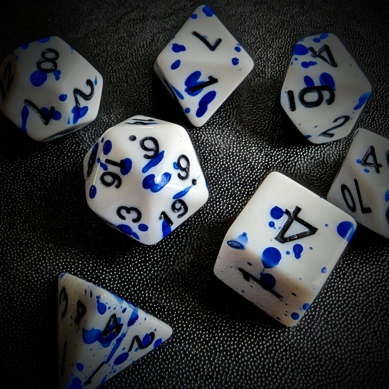 Blue Blood Splatter on White Acrylic - 7pcs RPG Full Dice Set Scatter