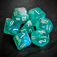 Thumbnail for Glitter in Green & Pink Acrylic - 7pcs RPG Full Dice Set Top