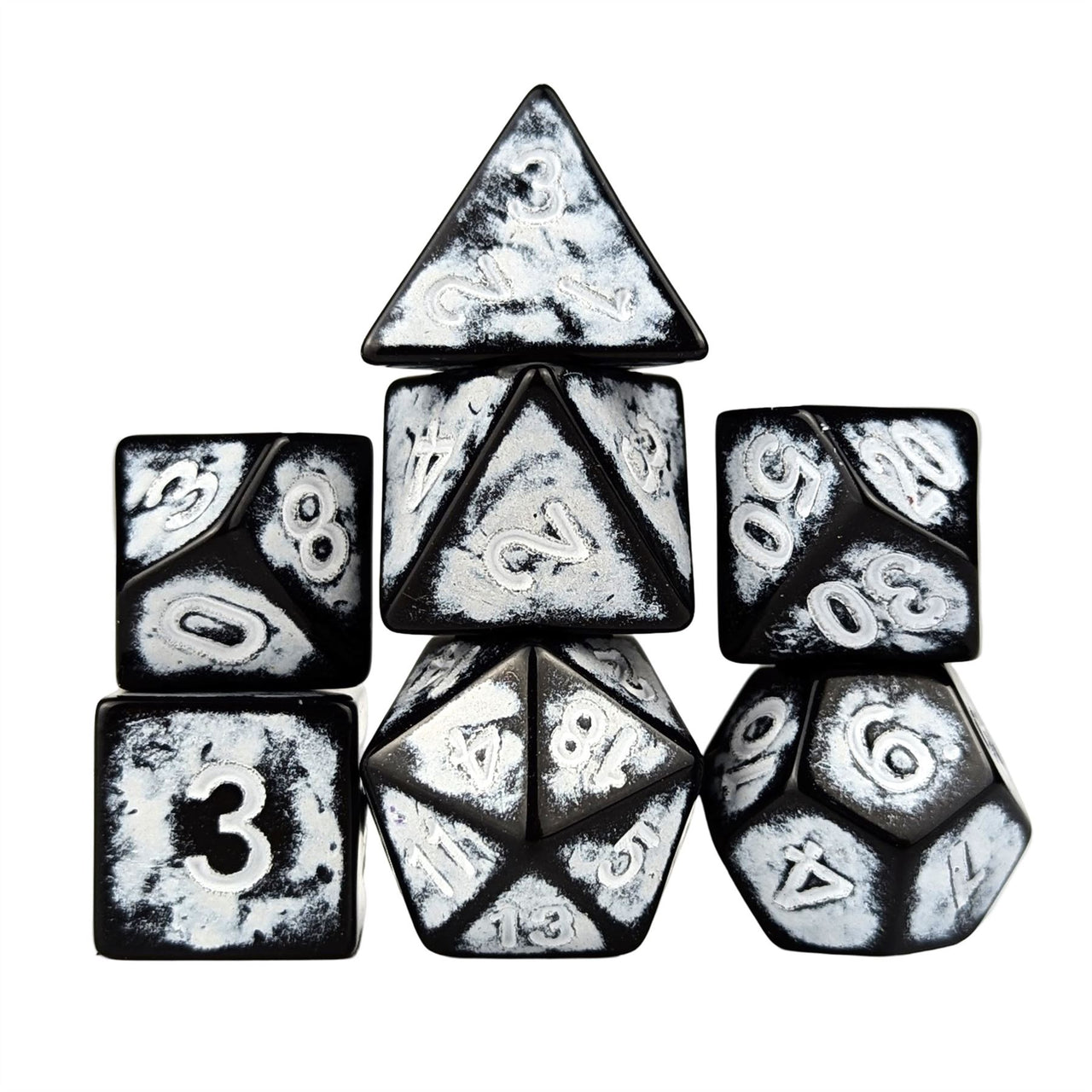 Washed White on Black Acrylic - 7pcs RPG Full Dice Set White Stack