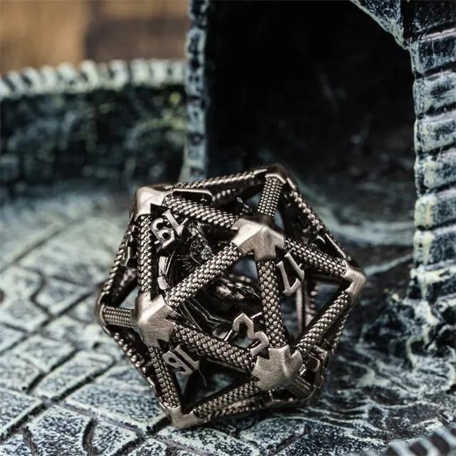 Dragon in Washed Nickel Metal - Hollow D20 RPG Dice