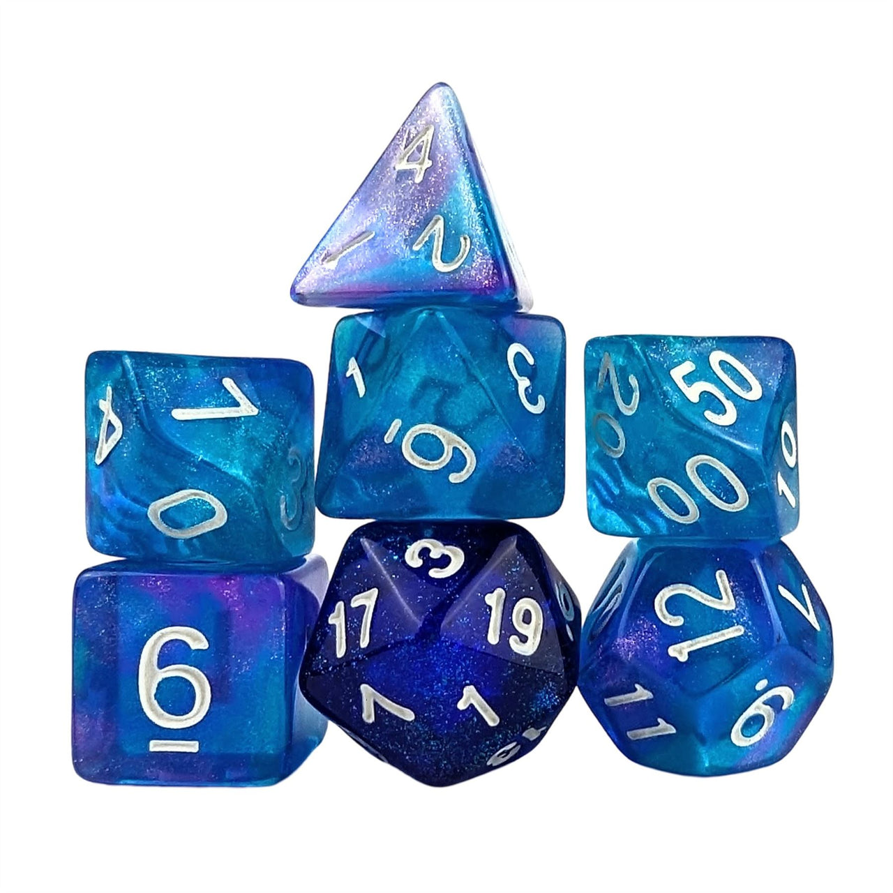 Glitter in Blue & Cyan Acrylic - 7pcs RPG Full Dice Set White Stack