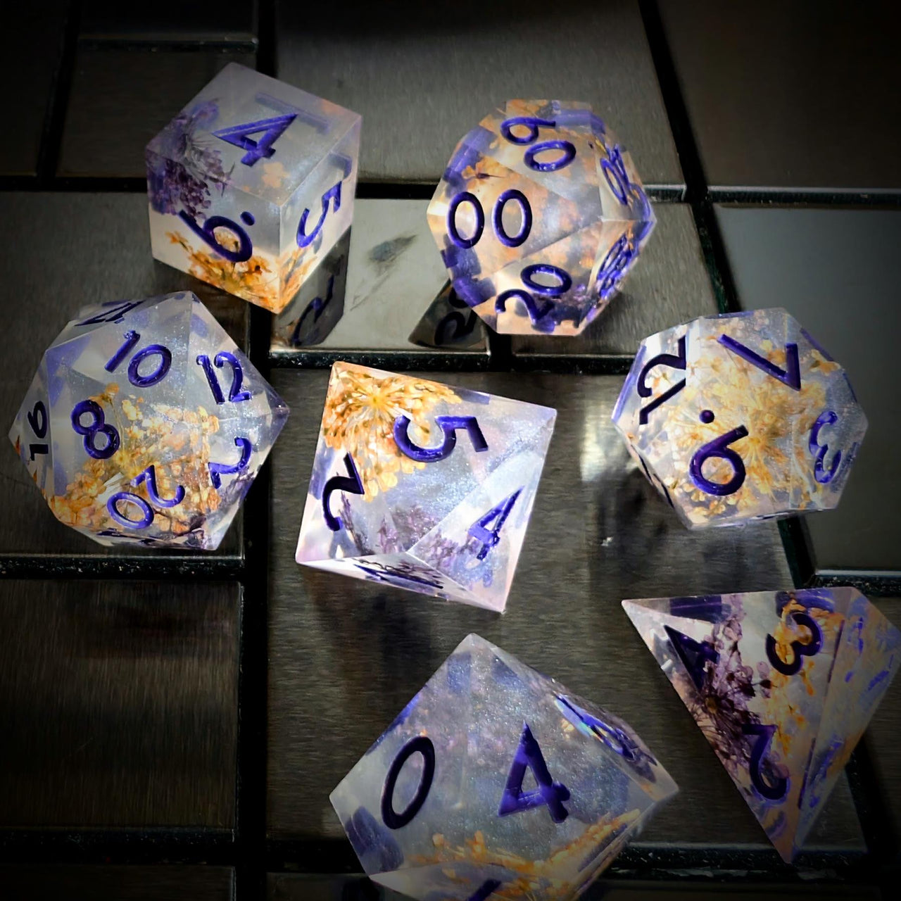Flower in Yellow & Purple Filled Sharp Resin - 7pcs RPG Dice Set