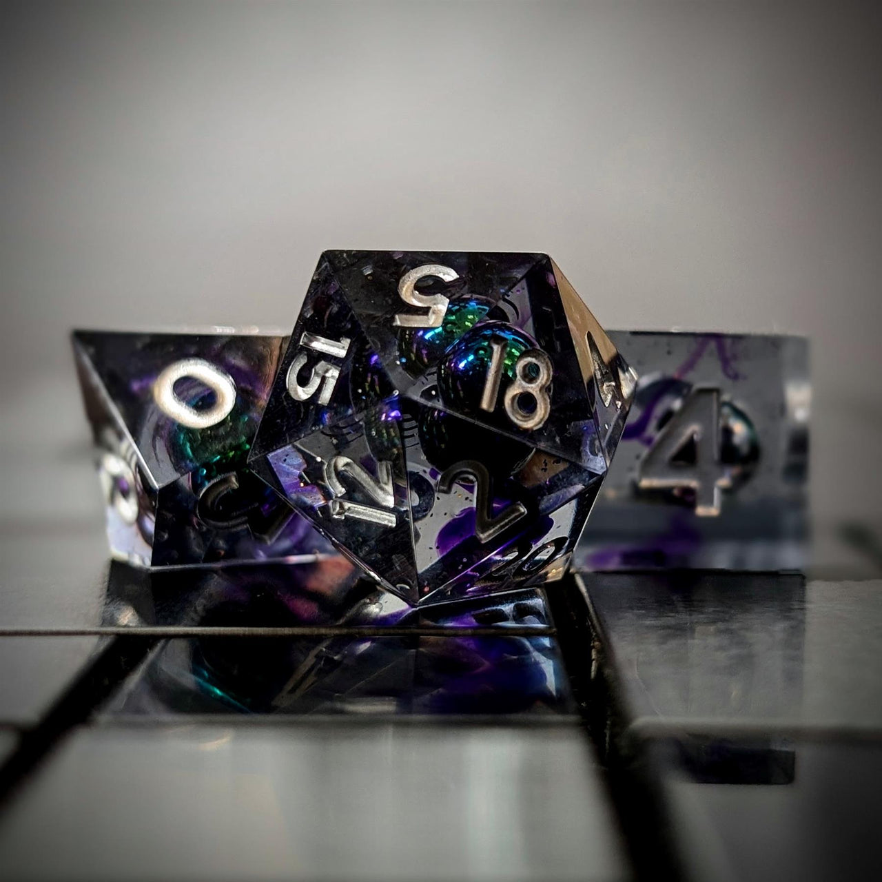 Bead Swirl in Purple & Clear Filled Sharp Resin - 7pcs RPG Dice Set