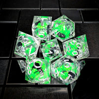 Thumbnail for 7pcs Dice Sharp Filled Liquid Cat Silver Font Clear Green