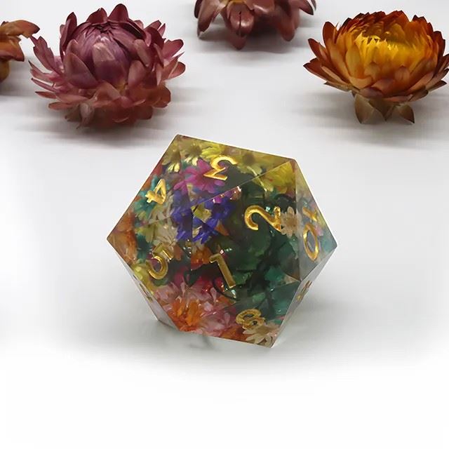 Flowers in Clear Sharp Resin - D20 RPG Dice