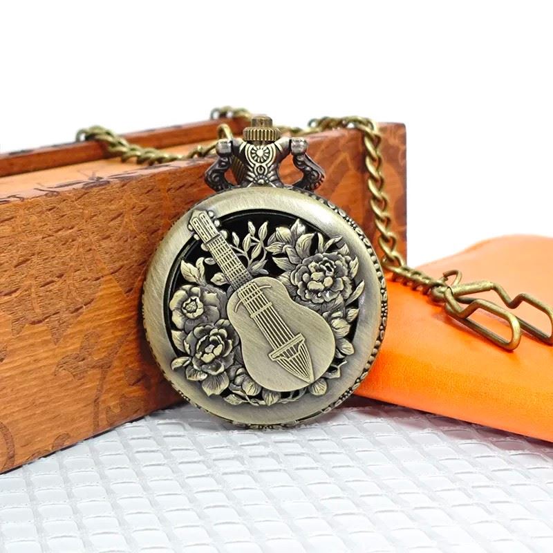 Guitar on Bronze Pocket Watch with Mini Dice - Pendant