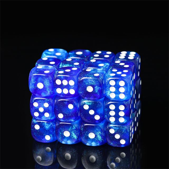 16mm Blue Acrylic with Glitter - 6pcs D6 RPG Dice Set