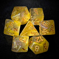 Thumbnail for Yellow & Grey Swirl in Clear Resin - 7pcs RPG Full Dice Set
