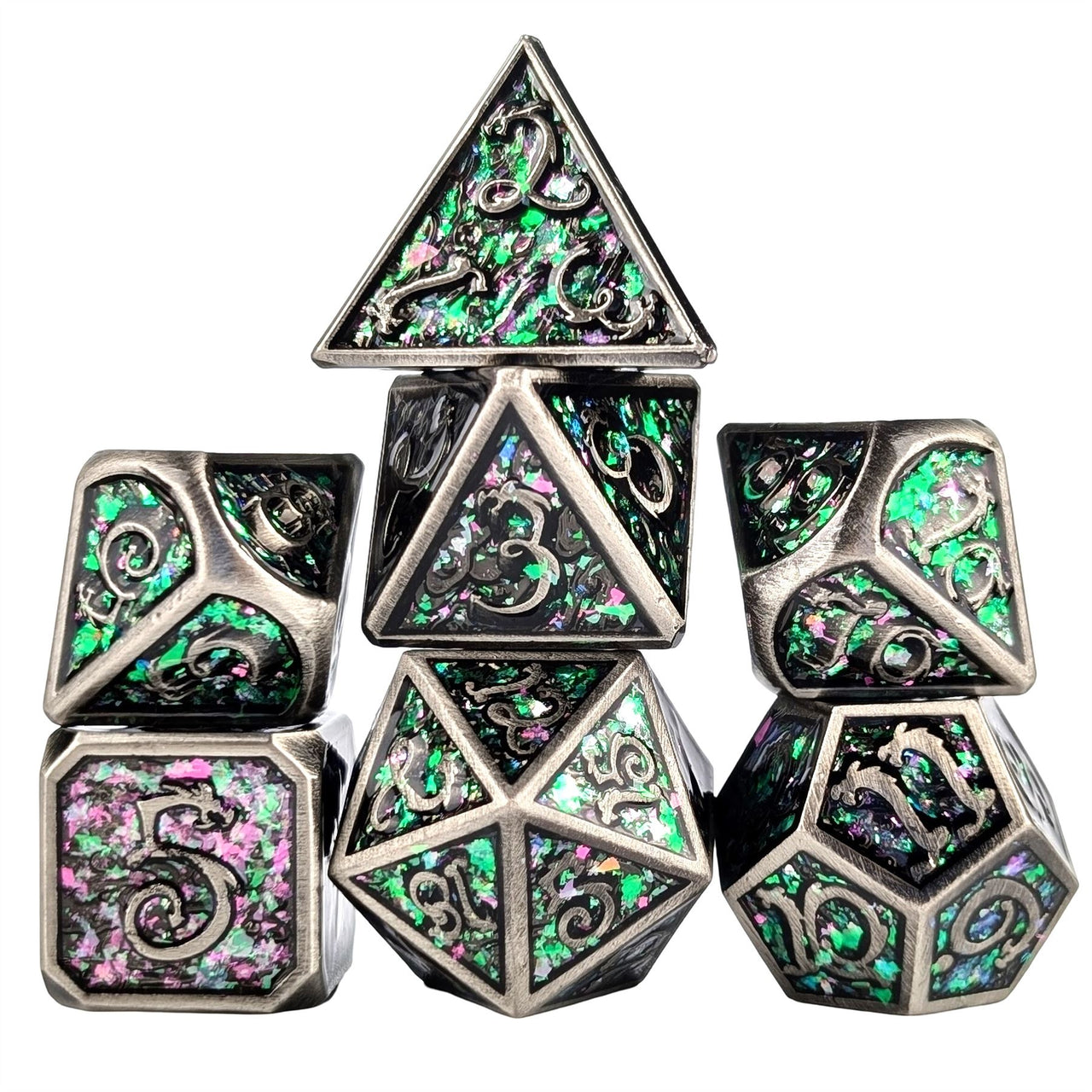 Glitter Pink Enamel in Silver Metal - 7pcs RPG Dice Set