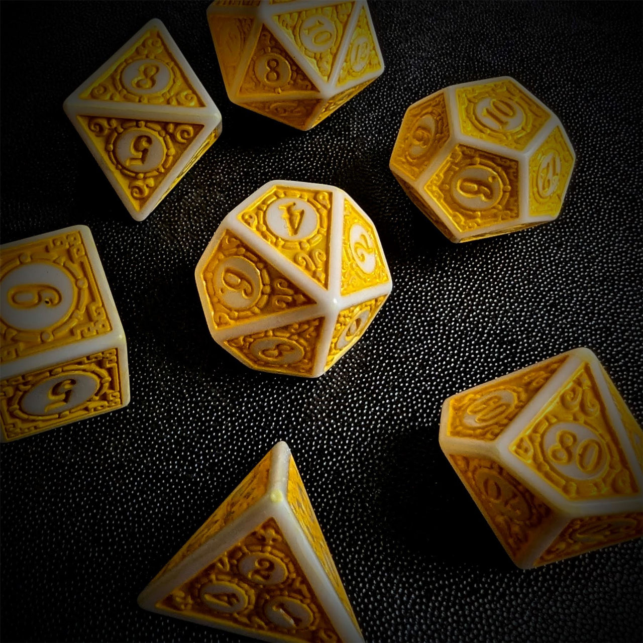 Yellow Lattice on White Acrylic - 7pcs RPG Full Dice Set Scatter