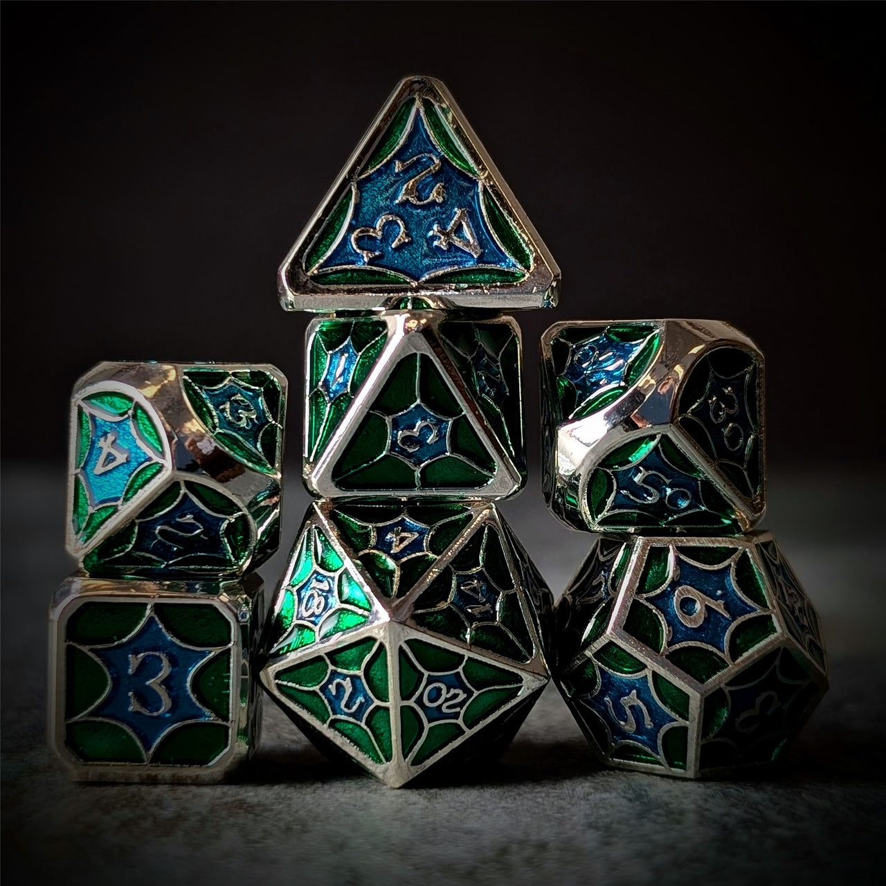 Blue & Green Spider's Web in Silver Metal - 7pcs RPG Dice Set