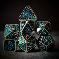 Thumbnail for Blue & Green Spider's Web in Silver Metal - 7pcs RPG Dice Set