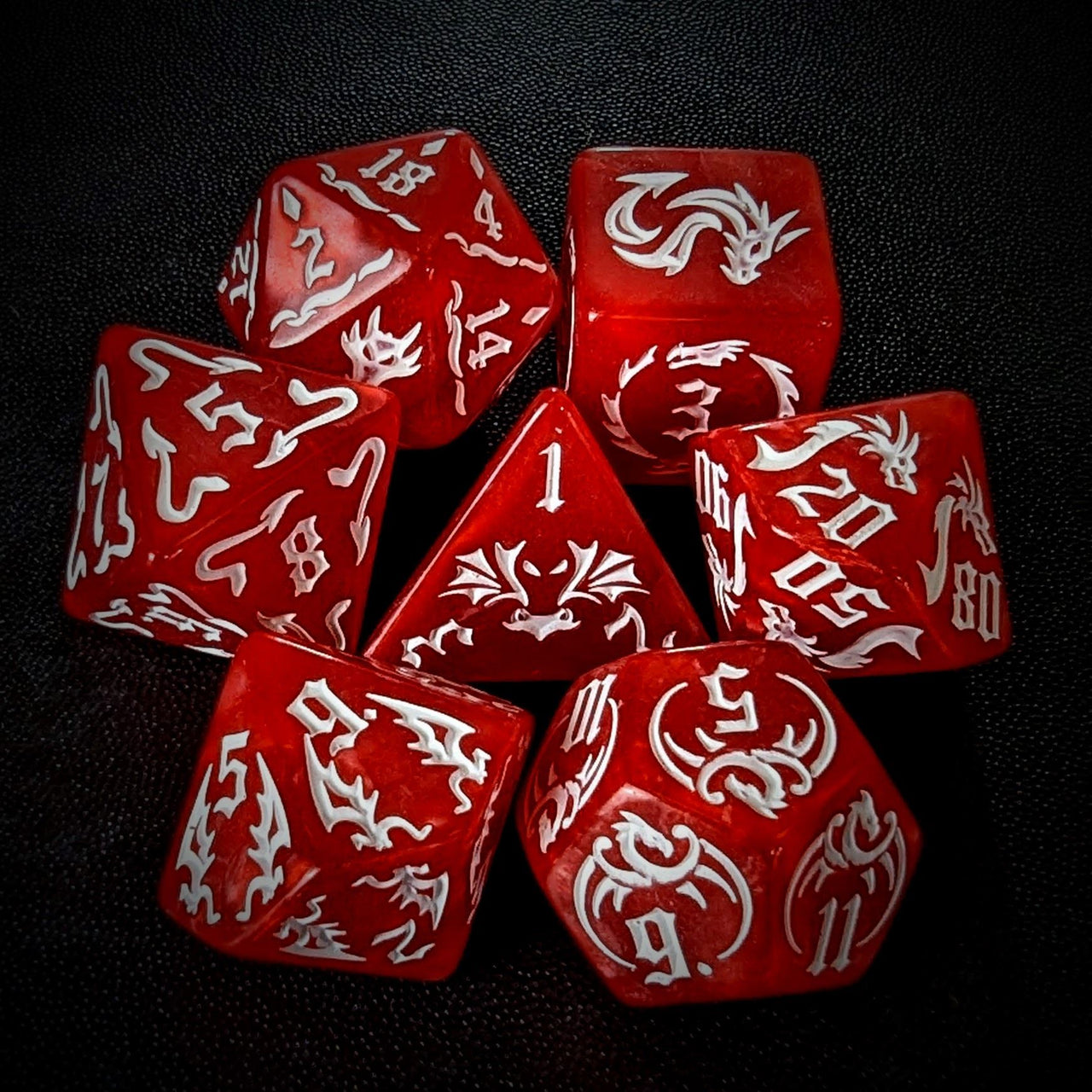 White Dragon on Red Acrylic - 7pcs RPG Full Dice Set