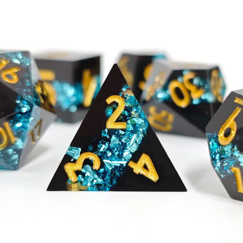 Blue Band in Black Filled Sharp Resin - 7pcs RPG Dice Set