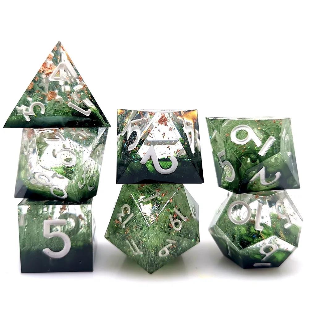 Moss in Layered Clear and Black Sharp Resin - 7pcs RPG Dice Set