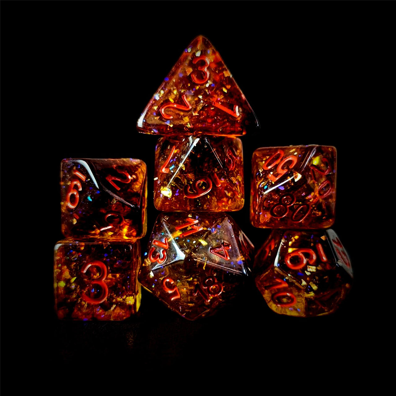 Glitter in Orange & Black Resin - 7pcs RPG Full Dice Set