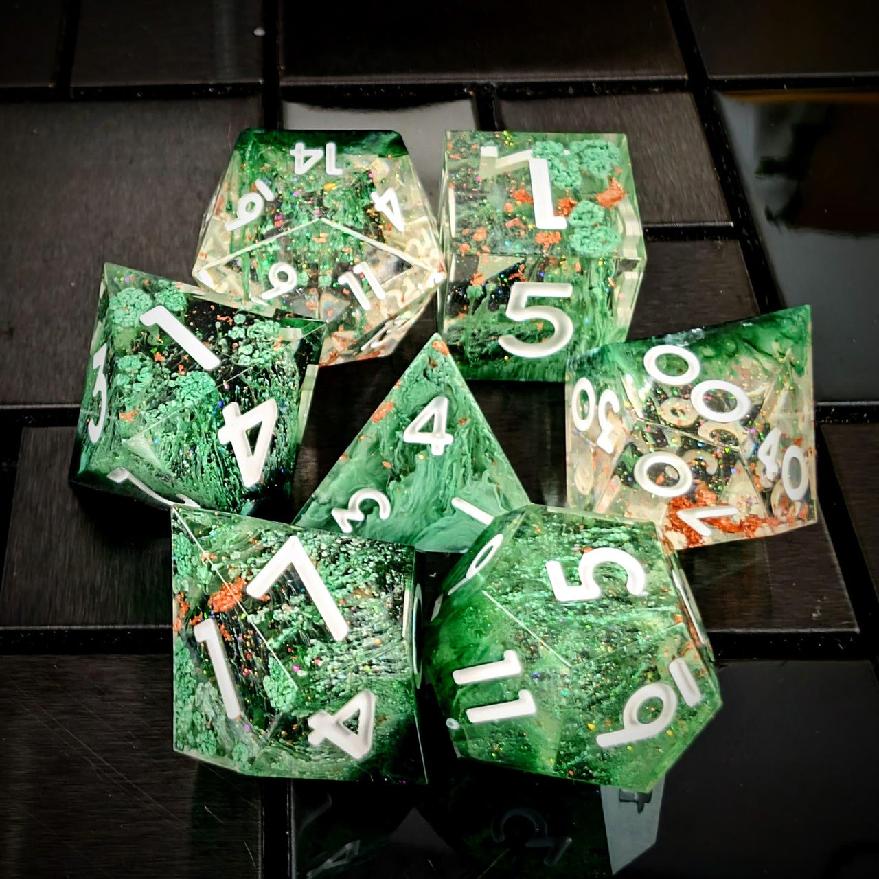 Moss in Layered Clear and Black Sharp Resin - 7pcs RPG Dice Set