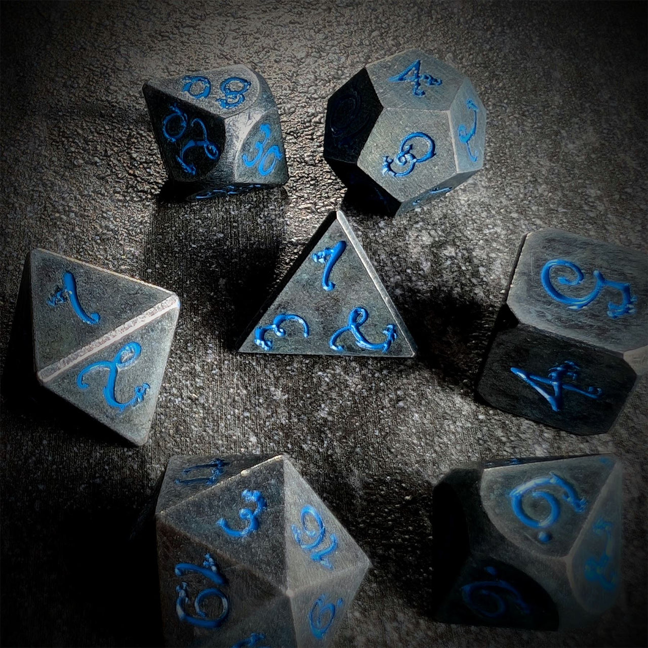 Silver Metal with Blue Dragon Font - 7pcs RPG Dice Set