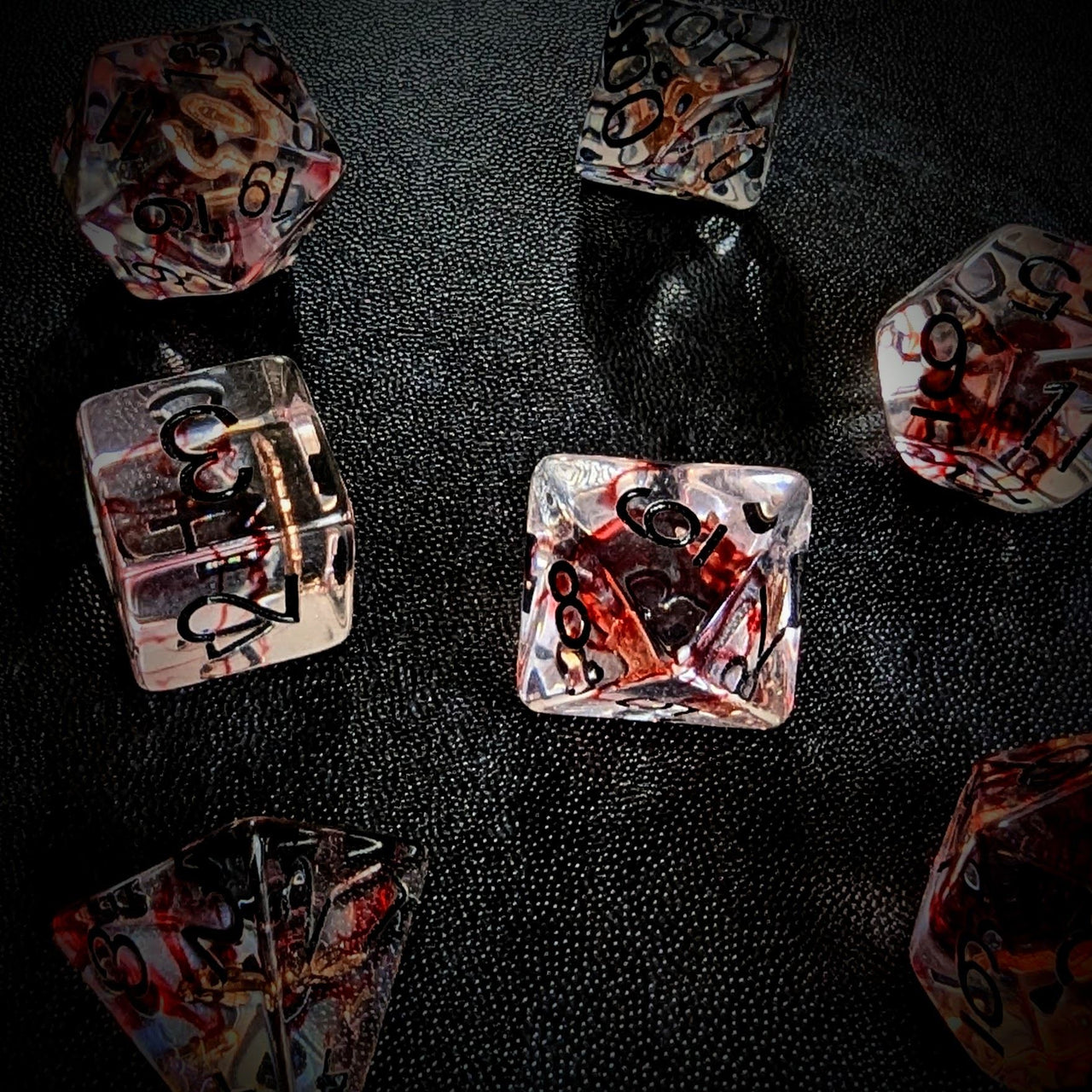 Blades in Clear & Red Resin - 7pcs RPG Full Dice Set