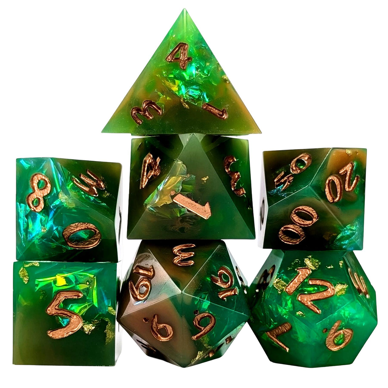 Candy in Green & Orange with Copper Foil Sharp Resin - 7pcs RPG Dice Set