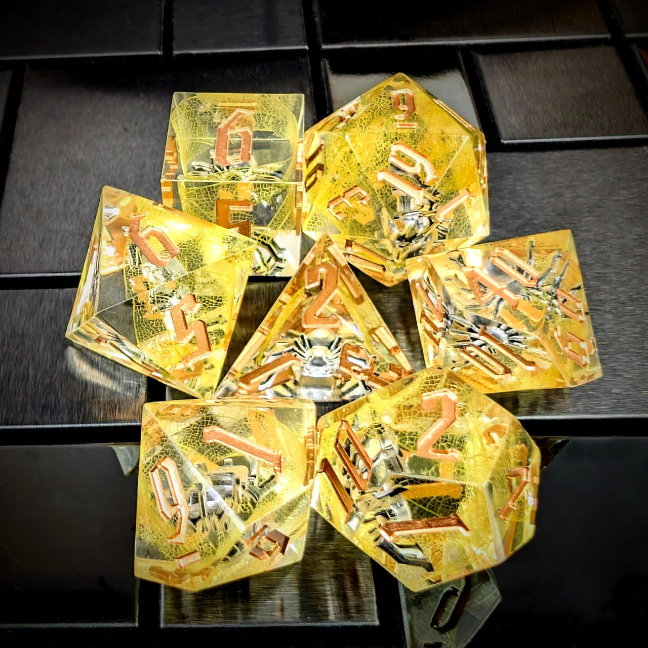 Spider in Clear & Yellow Filled Sharp Resin - 7pcs RPG Dice Set