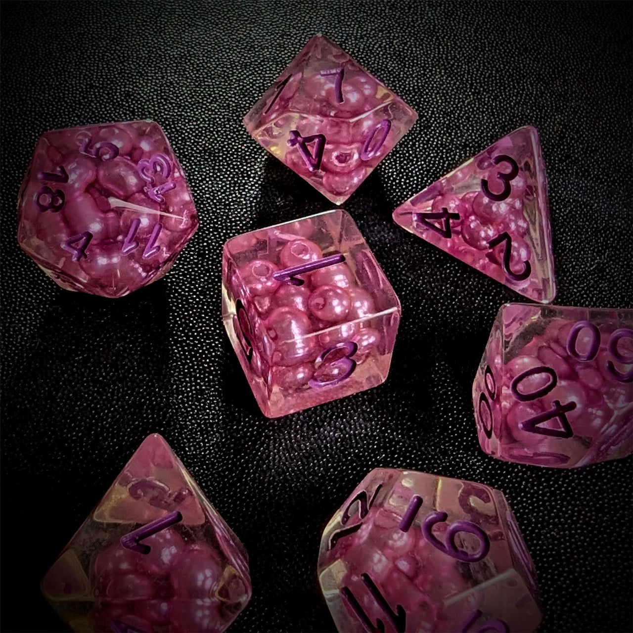 Purple Pearls in Clear Resin - 7pcs RPG Full Dice Set