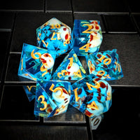 Thumbnail for 7pcs Dice Sharp Filled Skull Gold Font Blue