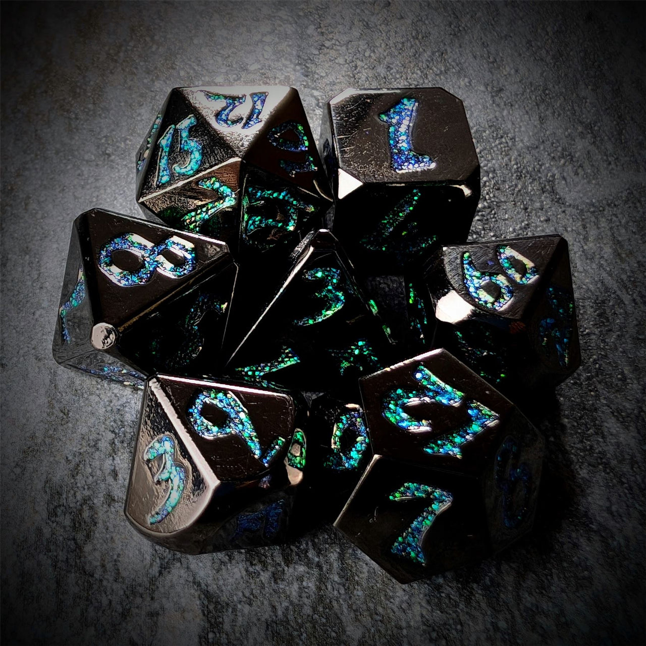 Black & Green Font in Black Metal - 7pcs RPG Dice Set