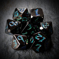 Thumbnail for Black & Green Font in Black Metal - 7pcs RPG Dice Set