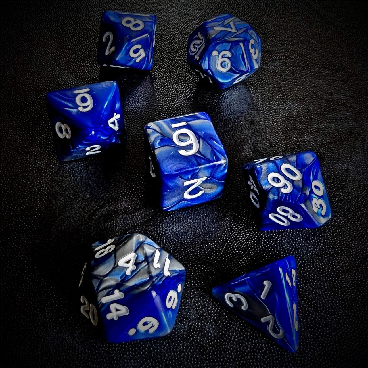 Blend of Silver & Royal Blue Acrylic - 7pcs RPG Full Dice Set Scatter