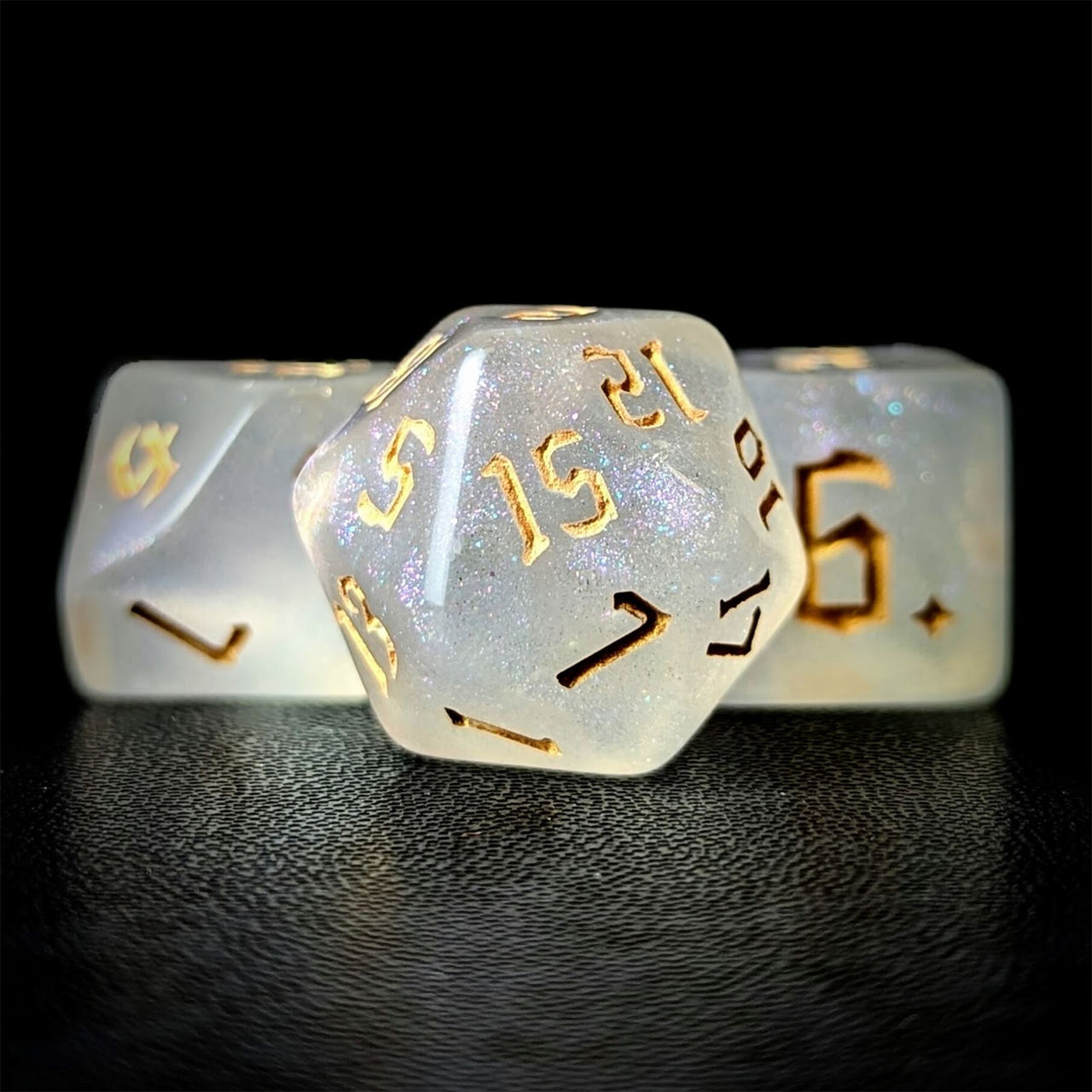 Glitter in White Acrylic with Gold Font - 7pcs RPG Full Dice Set Close