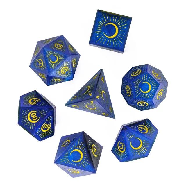 Moon on Blue with Black Swirl Sharp Resin - 7pcs RPG Dice Set