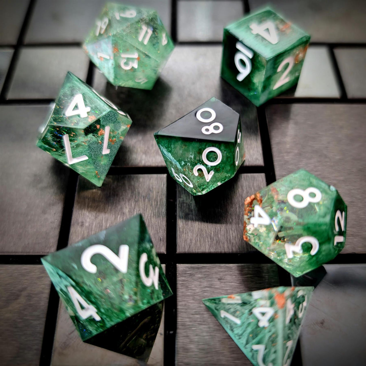 Moss in Layered Clear and Black Sharp Resin - 7pcs RPG Dice Set