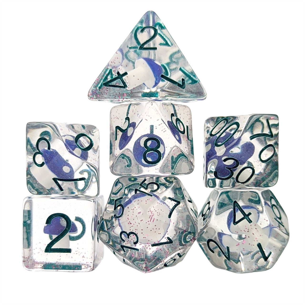 Blue Mushroom in Clear Resin - 7pcs RPG Full Dice Set