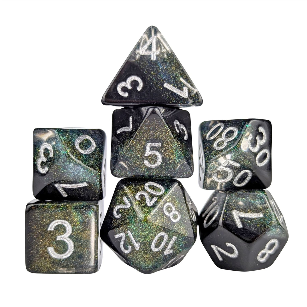 Layered Black & Clear with Shimmer Resin - 7pcs RPG Full Dice Set