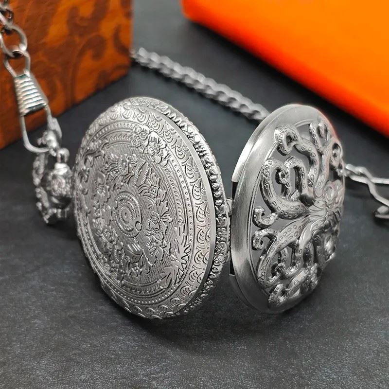 Mindflayer on Silver Pocket Watch with Mini Dice - Pendant