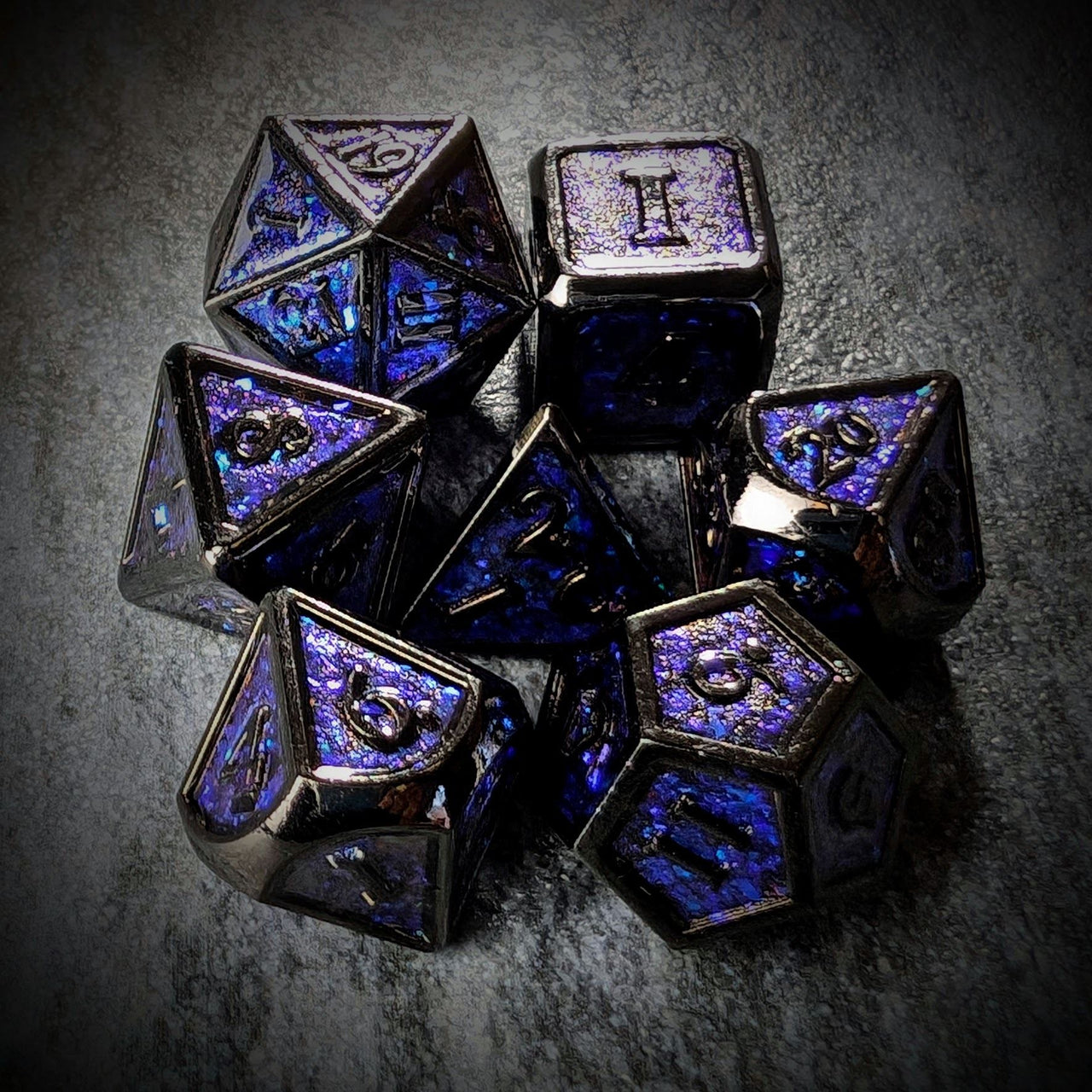 Glitter Blue Enamel in Black Metal - 7pcs RPG Dice Set