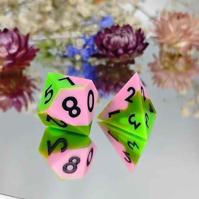 Green & Pink Layered Silicone - 7pcs RPG Full Dice Set