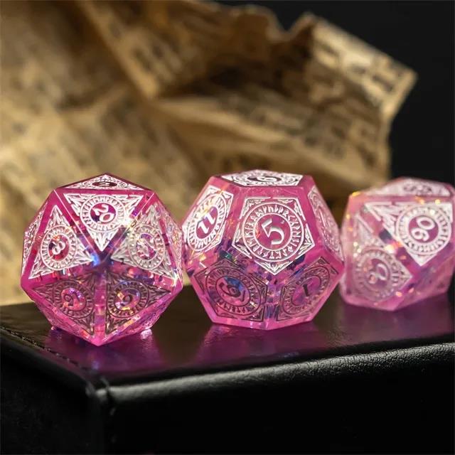 White Pattern on Pink with Candy Sharp Resin - 7pcs RPG Dice Set