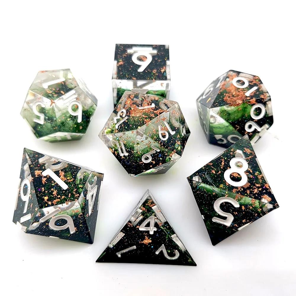 Green Swirl in Black & Clear with Copper Foil Sharp Resin - 7pcs RPG Dice Set