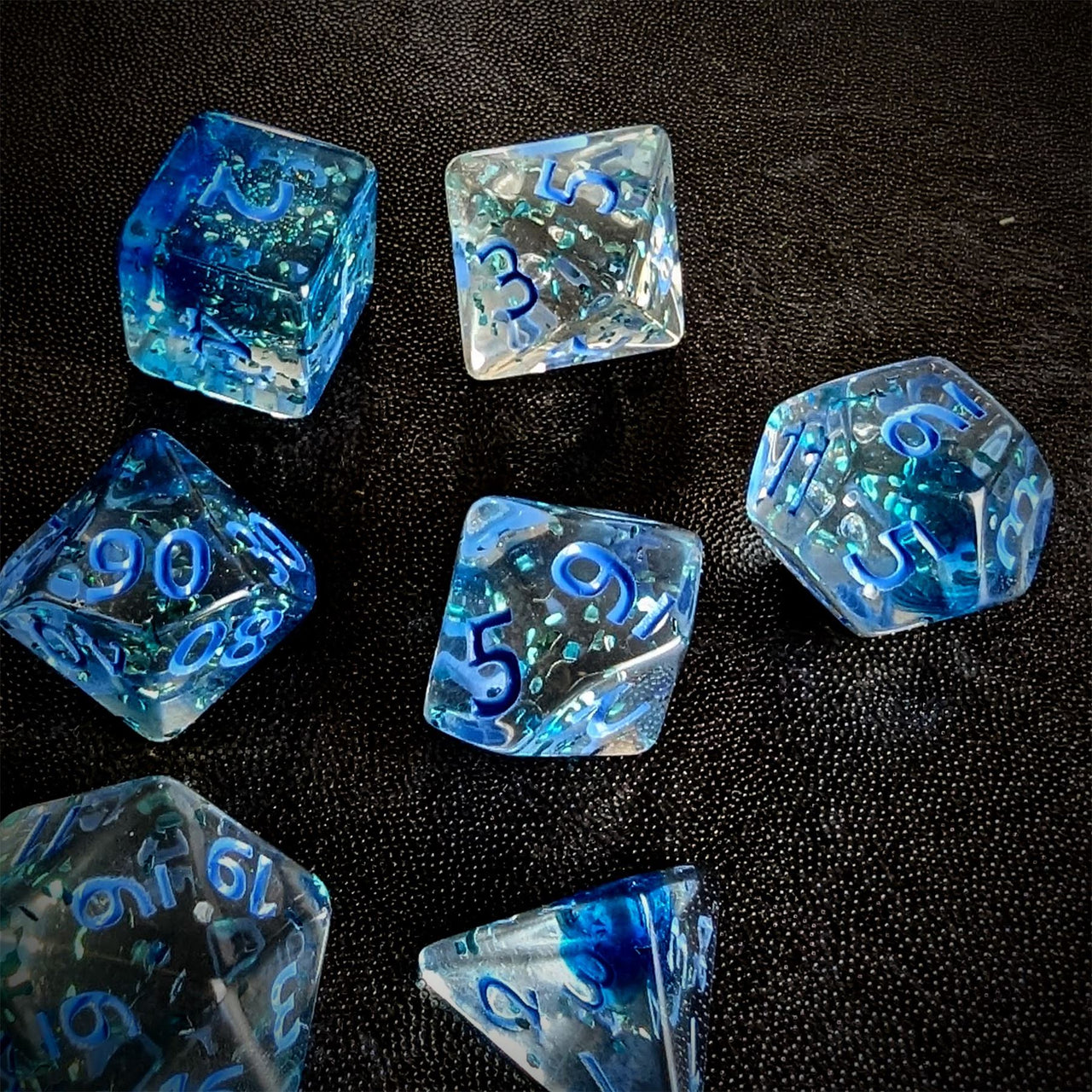 Glitter in Clear Blue Acrylic - 7pcs RPG Full Dice Set Scatter