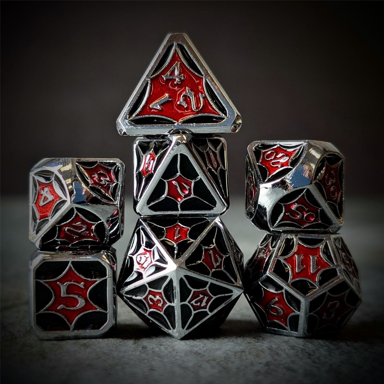 Red & Black Spider's Web in Silver Metal - 7pcs RPG Dice Set