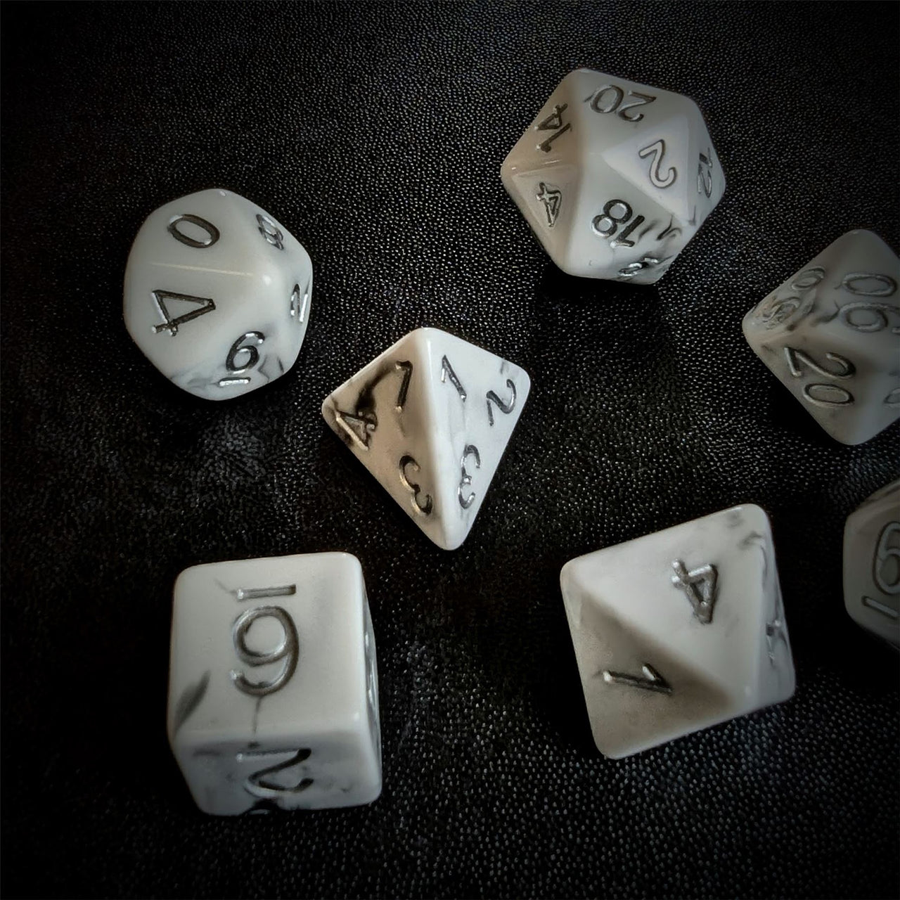 Grey Swirl in White Resin - 7pcs RPG Full Dice Set