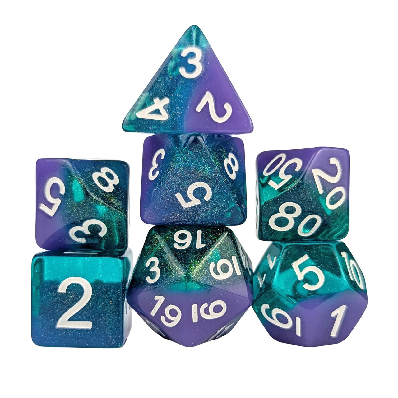 Layered Purple & Teal with Shimmer Resin - 7pcs RPG Full Dice Set